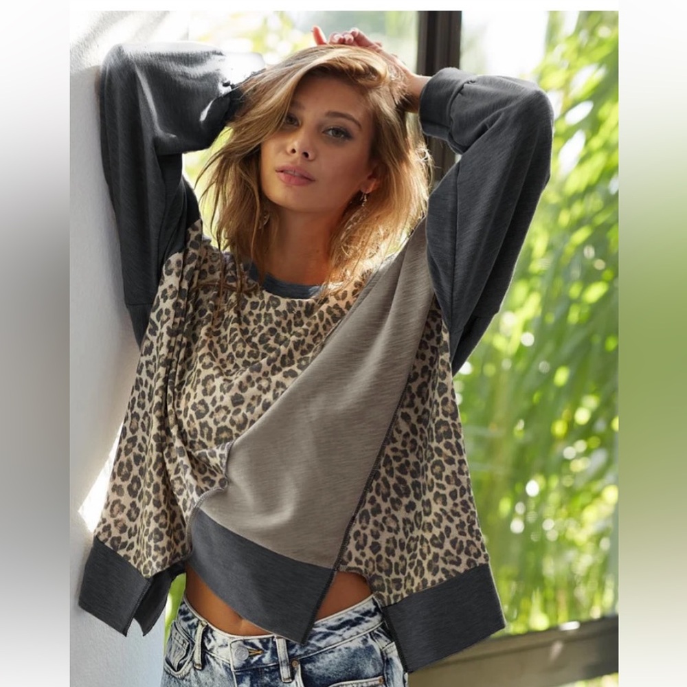 BiBi Gray and Leopard Print Colorblock Long Sleeve Top